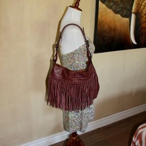 $225 Oryany Fringe Leather Hobo in Merlot